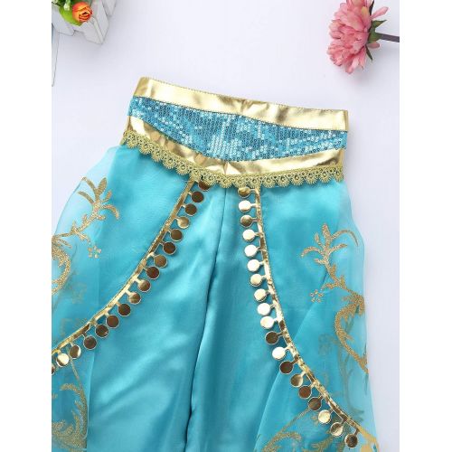  Freebily Kids Girls Princess-Jasmine Costumes Sequins Crop Top with Ruffles Pants Halloween Cosplay Party