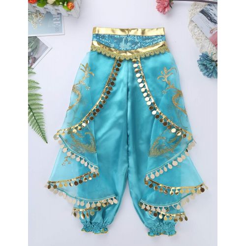 Freebily Kids Girls Princess-Jasmine Costumes Sequins Crop Top with Ruffles Pants Halloween Cosplay Party