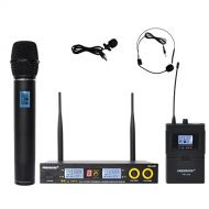 Freeboss FB-U09 2 Way One Metal Handheld and One Bodypack (with Lavalier Mic and headset Mic) Party Church Karaoke UHF Wireless Microphone