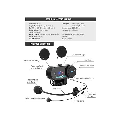  FreedConn Motorcycle Bluetooth Headset, TCOM VB 2-Way 800M Helmet Communication Systems,Helmet Bluetooth Intercom, intercomunicador para motos/FM/Siri/BT5.0/2 in 1 Mic for full/3/4 Helmet(2Pack)