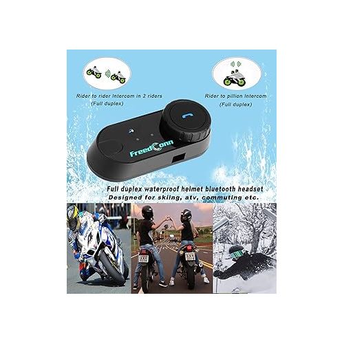  FreedConn Motorcycle Bluetooth Headset, TCOM VB 2-Way 800M Helmet Communication Systems,Helmet Bluetooth Intercom, intercomunicador para motos/FM/Siri/BT5.0/2 in 1 Mic for full/3/4 Helmet(2Pack)