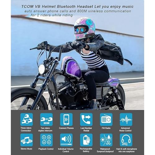  FreedConn Motorcycle Bluetooth Headset, TCOM VB 2-Way 800M Helmet Communication Systems,Helmet Bluetooth Intercom, intercomunicador para motos/FM/Siri/BT5.0/2 in 1 Mic for full/3/4 Helmet(2Pack)