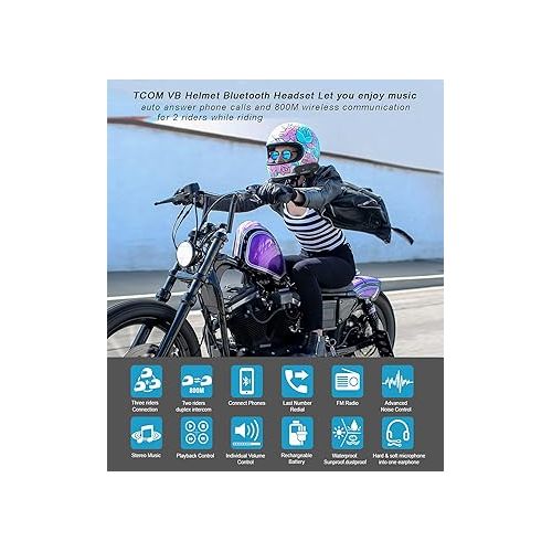  FreedConn Motorcycle Bluetooth Headset, TCOM VB 2-Way 800M Helmet Communication Systems,Helmet Bluetooth Intercom, intercomunicador para motos/FM/Siri/BT5.0/2 in 1 Mic for full/3/4 Helmet(2Pack)