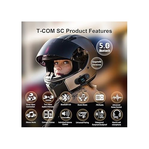  FreedConn Motorcycle Bluetooth Headset TCOM SC Helmet Communication System with Music Sharing/Universal Pairing/2-3 Riders 800M Bluetooth Intercom with LCD Screen (2Pack)