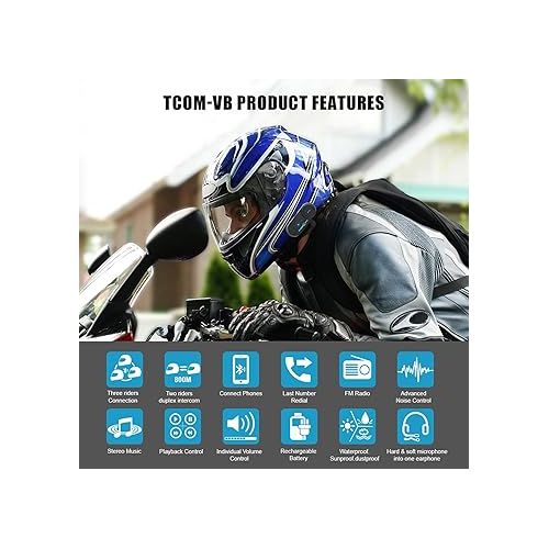  FreedConn T-COMVB Motorcycle Helmet Bluetooth Intercom Interphone Headset Headphones Kit for 2 or 3 Riders /MP3 Player/GPS/FM Radio/Hands Free (5 pin)