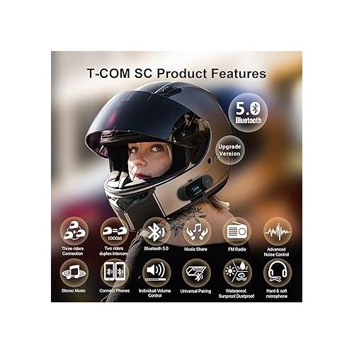  FreedConn Motorcycle Bluetooth Headset TCOM SC Helmet Communication System with Music Sharing/Universal Pairing/2-3 Riders 800M Bluetooth Intercom with LCD Screen(1 Pack)