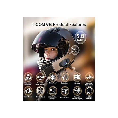  FreedConn Motorcycle Helmet Bluetooth Headset with Music Sharing,TCOM VB 2-Way 800M Intercom,Universal Pairing Motorcycle Communication System kit for Ski/ATV/Dirt Bike(FM/IP65/2 in 1 Mic.Siri) 1Pack