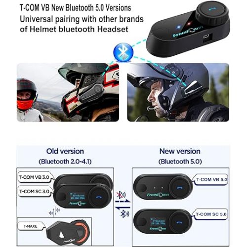  FreedConn Motorcycle Helmet Bluetooth Headset with Music Sharing,TCOM VB 2-Way 800M Intercom,Universal Pairing Motorcycle Communication System kit for Ski/ATV/Dirt Bike(FM/IP65/2 in 1 Mic.Siri) 1Pack
