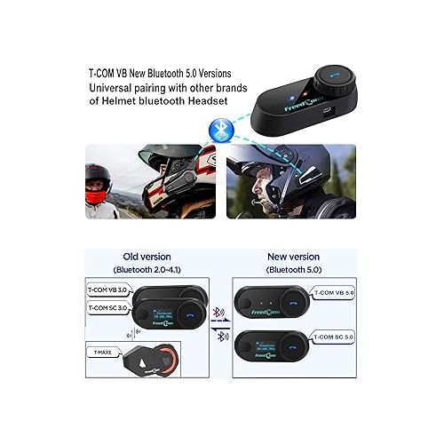  FreedConn Motorcycle Helmet Bluetooth Headset with Music Sharing,TCOM VB 2-Way 800M Intercom,Universal Pairing Motorcycle Communication System kit for Ski/ATV/Dirt Bike(FM/IP65/2 in 1 Mic.Siri) 1Pack