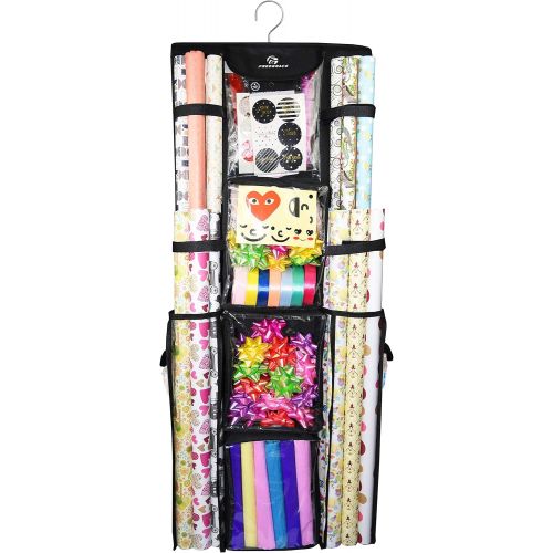  [아마존 핫딜] Freegrace Double Sided Hanging Gift Wrap Organizer | Large 16 x 41 Wrapping Paper Rolls Storage Bag | Tearproof & Space Saving Closet Gift Bag Organization Solution (Black)