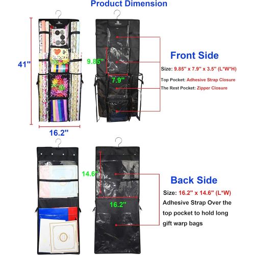  [아마존 핫딜] Freegrace Double Sided Hanging Gift Wrap Organizer | Large 16 x 41 Wrapping Paper Rolls Storage Bag | Tearproof & Space Saving Closet Gift Bag Organization Solution (Black)