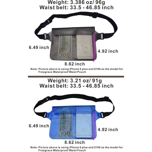  Freegrace Waterproof Pouches with Waist Strap / Pouch Case Bundle Set Keep Your Phone & Valuables Dry and Safe Waterproof Dry Bags for Boating Swimming Snorkeling Kayaking Beach