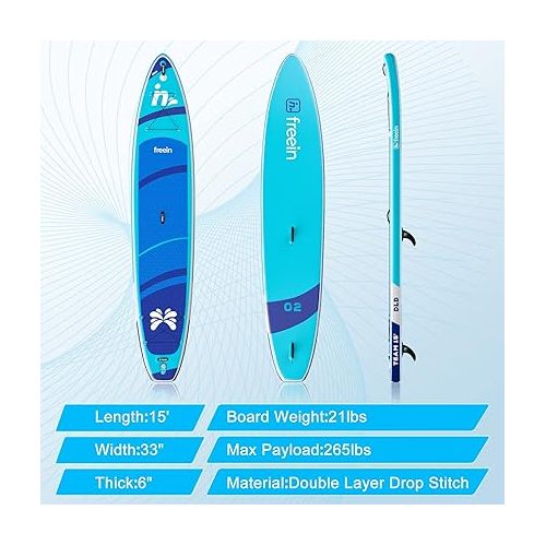  Freein 14’/15’/16’ Inflatable Team SUP, Extra Large Stand Up Paddle Board for Multi Person, Dual-Action Hand Pump, Adjustable Paddle, Complete Kit, 2-Year Warranty