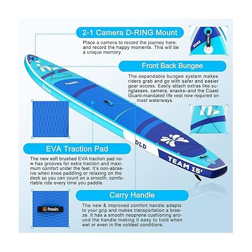  Freein 14’/15’/16’ Inflatable Team SUP, Extra Large Stand Up Paddle Board for Multi Person, Dual-Action Hand Pump, Adjustable Paddle, Complete Kit, 2-Year Warranty
