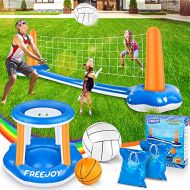 Freejoy 120 Pool Volleyball Net & Basketball Hoop Set, 2 Balls Included for Teens and Adults Kids Swimming Pool Game Toys, Floating, Summer Floaties, Volleyball Court (120”x38”x30”)Basketb