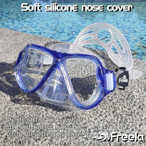  Freela Kids Snorkel Mask Swim Diving Scuba Mask Snorkeling Gear for Kids Boys Girls Youth, Anti-Fog 180° Panoramic View Soft Silicone Skirt Kid Pool Underwater Swim Goggles with Nose Cove