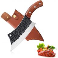 Freelander Hand Forged Meat Cleaver 6.3 Inch Kitchen Chef Knife with Leather Sheath and Gift Box Outdoor Butcher Knife Hammered Chopper Boning Knife for Home, Camping, BBQ (Brown)