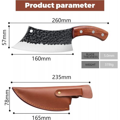  Freelander Hand Forged Meat Cleaver 6.3 Inch Kitchen Chef Knife with Leather Sheath and Gift Box Outdoor Butcher Knife Hammered Chopper Boning Knife for Home, Camping, BBQ (Brown)