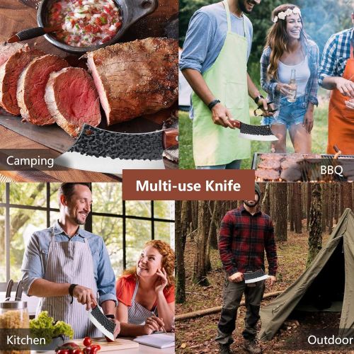  Freelander Hand Forged Meat Cleaver 6.3 Inch Kitchen Chef Knife with Leather Sheath and Gift Box Outdoor Butcher Knife Hammered Chopper Boning Knife for Home, Camping, BBQ (Brown)