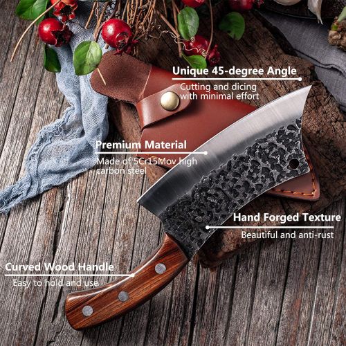  Freelander Hand Forged Meat Cleaver 6.3 Inch Kitchen Chef Knife with Leather Sheath and Gift Box Outdoor Butcher Knife Hammered Chopper Boning Knife for Home, Camping, BBQ (Brown)