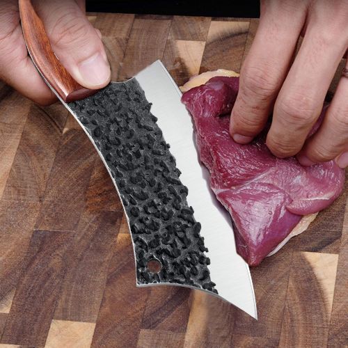  [아마존베스트]Freelander Hand Forged Meat Cleaver 6.3 Inch Kitchen Chef Knife with Leather Sheath and Gift Box Outdoor Butcher Knife Hammered Chopper Boning Knife for Home, Camping, BBQ