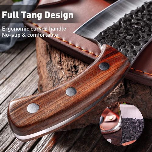  [아마존베스트]Freelander Hand Forged Meat Cleaver 6.3 Inch Kitchen Chef Knife with Leather Sheath and Gift Box Outdoor Butcher Knife Hammered Chopper Boning Knife for Home, Camping, BBQ