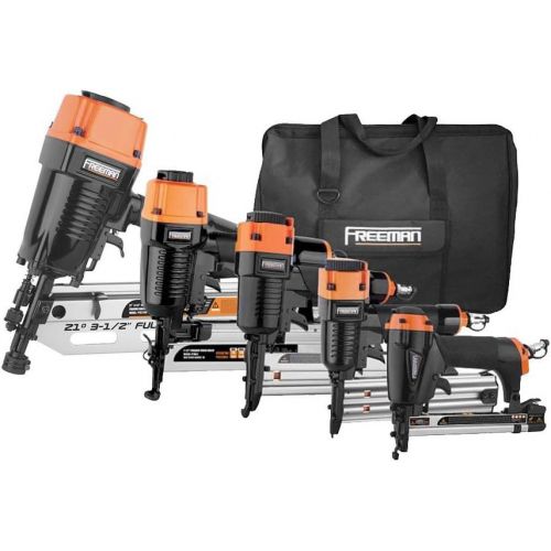  Freeman P5FRFNFWSCB 5 Piece FramingFinish Nail Gun Kit Set of 5 Pneumatic Nail Guns with Framing Nailer, Finish Nailer, Brad nailer, Narrow Crown Stapler, Fine Wire Stapler