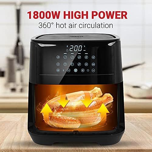  Freihafen Hot Air Fryer, 5.5 L XXL 1800 W Hot Air Fryer without Oil with 12 Programmes, Digital LED Touch Screen, Preheating and Keeping Warm, 50 Recipes in German, Black