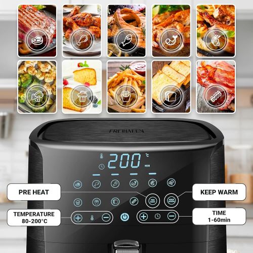  Freihafen Hot Air Fryer, 5.5 L XXL 1800 W Hot Air Fryer without Oil with 12 Programmes, Digital LED Touch Screen, Preheating and Keeping Warm, 50 Recipes in German, Black
