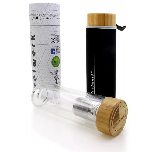  Freiwerk freiwerk Tee Thermos Flasche Zubereiter Sieb Teebereiter Infuser Glas doppelwandig BPA frei Neopren Huelle schwarz 350ml