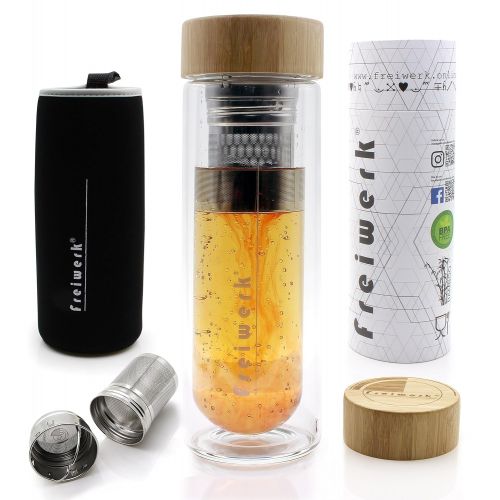  Freiwerk freiwerk Tee Thermos Flasche Zubereiter Sieb Teebereiter Infuser Glas doppelwandig BPA frei Neopren Huelle schwarz 350ml