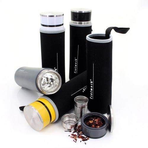  Freiwerk freiwerk Tee Thermos Flasche Zubereiter Sieb Teebereiter Infuser Glas doppelwandig BPA frei Neopren Huelle gelb 360ml