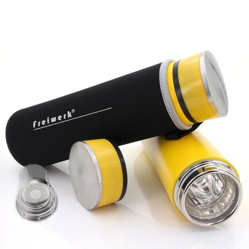  Freiwerk freiwerk Tee Thermos Flasche Zubereiter Sieb Teebereiter Infuser Glas doppelwandig BPA frei Neopren Huelle gelb 360ml