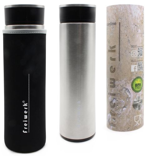  Freiwerk freiwerk Tee Thermos Flasche Zubereiter Sieb Teebereiter Infuser Glas doppelwandig BPA frei Neopren Huelle Edelstahl gebuerstet 360ml