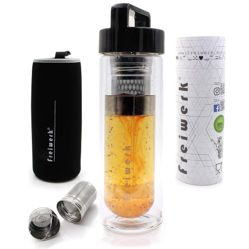  Freiwerk freiwerk Tee Thermos Flasche Zubereiter Sieb Teebereiter Infuser Glas doppelwandig BPA frei Neopren schwarz Deckel schwarz 400ml