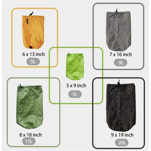  Frelaxy Stuff Sack Set 5-Pack (3L&5L&9L&15L&20L), Ultralight Ditty Bags with Dust Flap for Traveling Hiking Backpacking