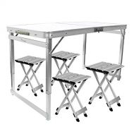 FrenzyBird Folding Picnic Table with 4 Stools, Aluminum Table Chair Set for up to 4 Persons, Portable Lightweight and Heights Adjustable for Outdoor Camping Dining BBQ Party