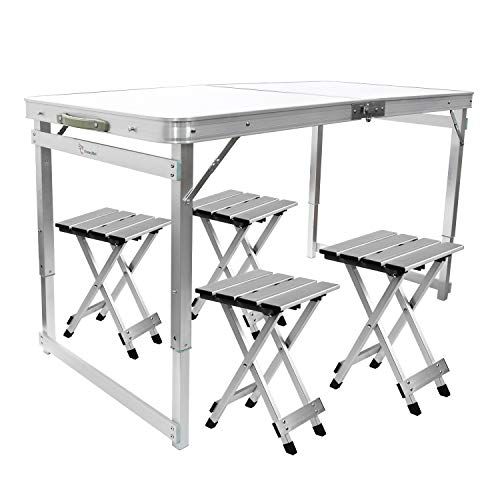  FrenzyBird Folding Picnic Table with 4 Stools, Aluminum Table Chair Set for up to 4 Persons, Portable Lightweight and Heights Adjustable for Outdoor Camping Dining BBQ Party