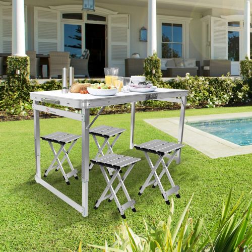  FrenzyBird Folding Picnic Table with 4 Stools, Aluminum Table Chair Set for up to 4 Persons, Portable Lightweight and Heights Adjustable for Outdoor Camping Dining BBQ Party