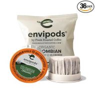 Fresh Roasted Coffee, Organic Colombian Fair Trade Compostable Envipods, Medium Roast, Kosher | 36 Count Individually Wrapped for Keurig K Cup Brewers | Not for use in Ninja or Hamilton Beach Brewers