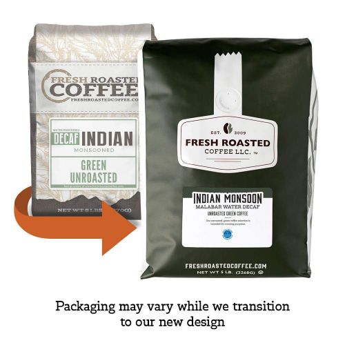  FRESH ROASTED COFFEE LLC FRESHROASTEDCOFFEE.COM Fresh Roasted Coffee LLC, Green Unroasted Indian Monsooned Malabar Water Process Decaffeinated Coffee Beans, 5 Pound Bag