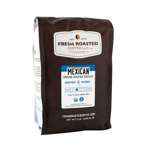  FRESH ROASTED COFFEE LLC FRESHROASTEDCOFFEE.COM Fresh Roasted Coffee LLC, Organic Mexican Chiapas Swiss Water Decaf Coffee, Medium Roast, Whole Bean, 5 Pound Bag