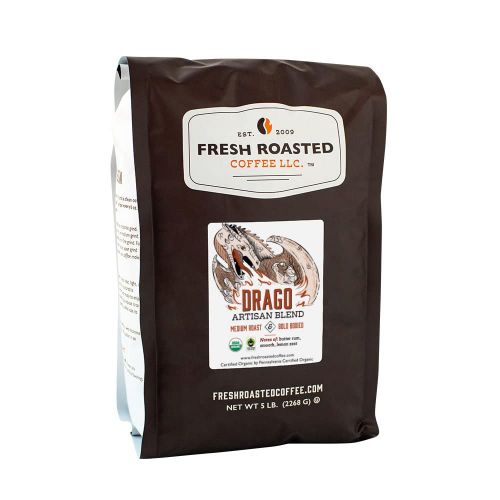  FRESH ROASTED COFFEE LLC FRESHROASTEDCOFFEE.COM Fresh Roasted Coffee LLC, Drago Artisan Blend Coffee, Medium Roast, Bold Body, Whole Bean, 5 Pound Bag