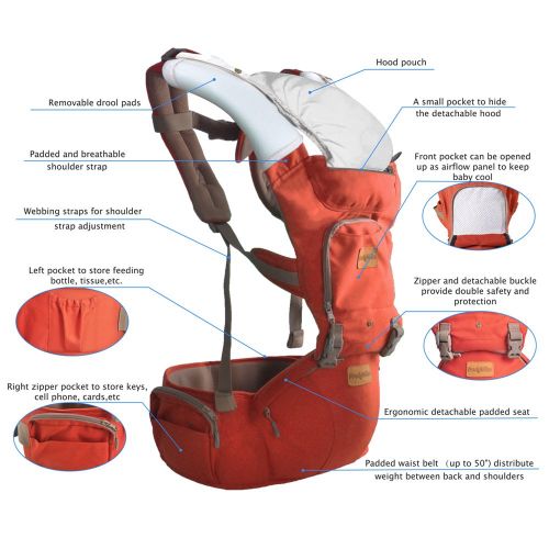  Fresh Shine Baby Carrier Hip Seat 4 in 1 - Soft Breathable Baby Carrier Backpack for Infant, Toddlers- Orange