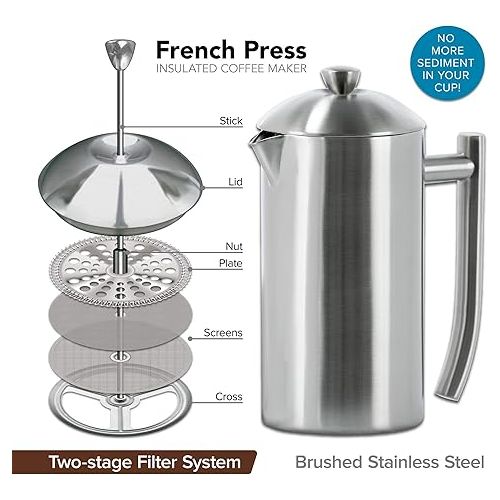  Frieling Double-Walled Stainless-Steel French Press Coffee Maker - Brushed 36 Ounces - French Press Insulated Coffee Maker - Stainless French Press