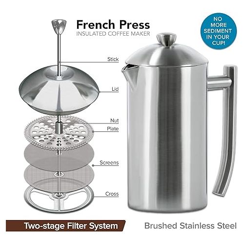  Frieling Double-Walled Stainless-Steel French Press Coffee Maker - Brushed - 44 Ounces - French Press Insulated Coffee Maker