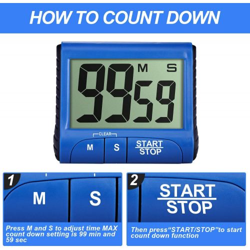  [아마존베스트]Frienda Set of 4 Digital Kitchen Timer Large Display Kitchen Alarm Clock Magnetic Electronic Countdown with Loud Alarm for Cooking Game Baking Exercise, Black, White, Red, Blue