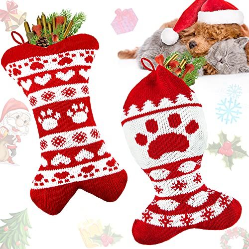  Frienda 2 Pieces 17.3 inch Dog Christmas Stocking Dog Stocking cat Christmas Stocking Red Knit Christmas Pet Stockings for Dogs Cats Pet Christmas Fireplace Office Holiday Decoration