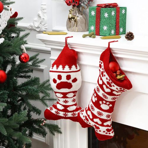  Frienda 2 Pieces 17.3 inch Dog Christmas Stocking Dog Stocking cat Christmas Stocking Red Knit Christmas Pet Stockings for Dogs Cats Pet Christmas Fireplace Office Holiday Decoration