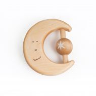 FriendlyToys Organic Baby Toy, Wooden Teether, Wood Rattle, a Moon, Natural Wood Toys